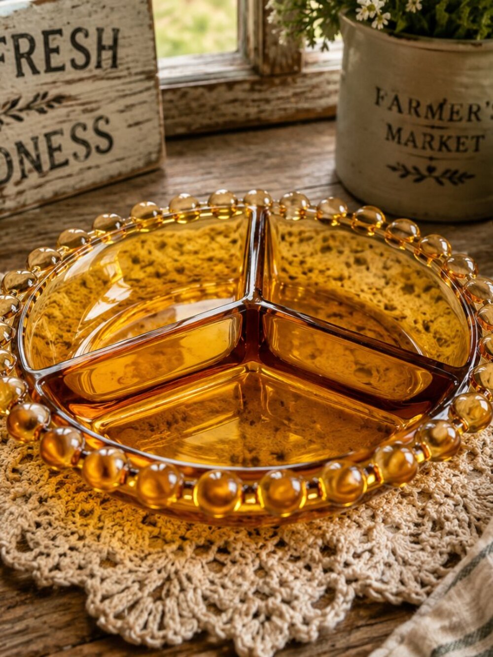 CD-15--Vintage Czech Bohemian Amber Glass Divided Serving Bowl